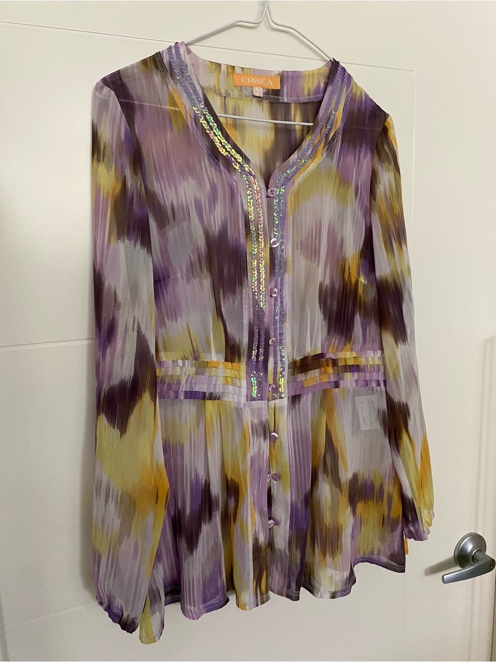 Crisca Purple & Yellow Sequin-Trim Women's Blouse